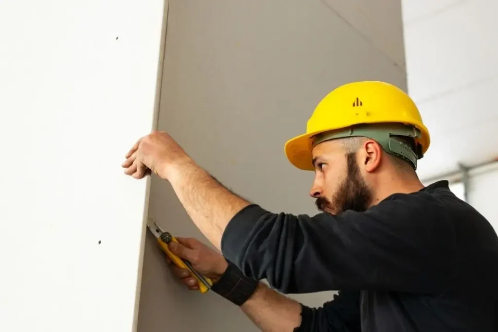 worker doing a plasterboard wall