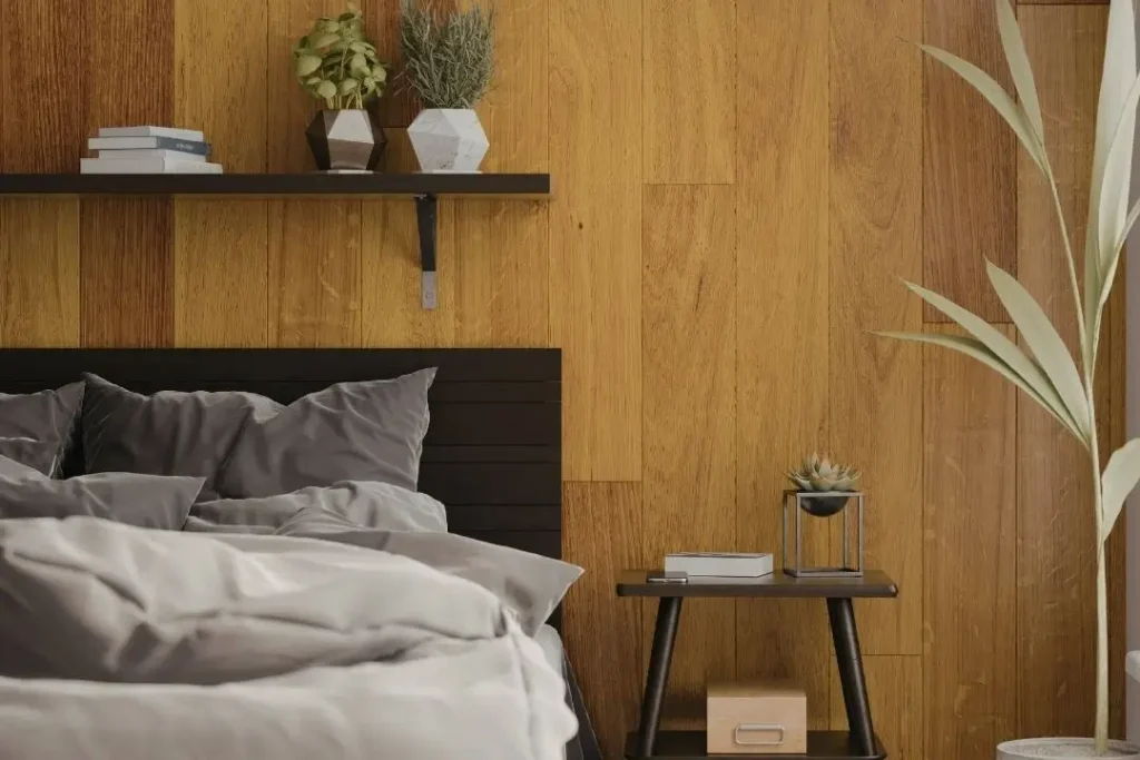 timber lining boards in a bedroom